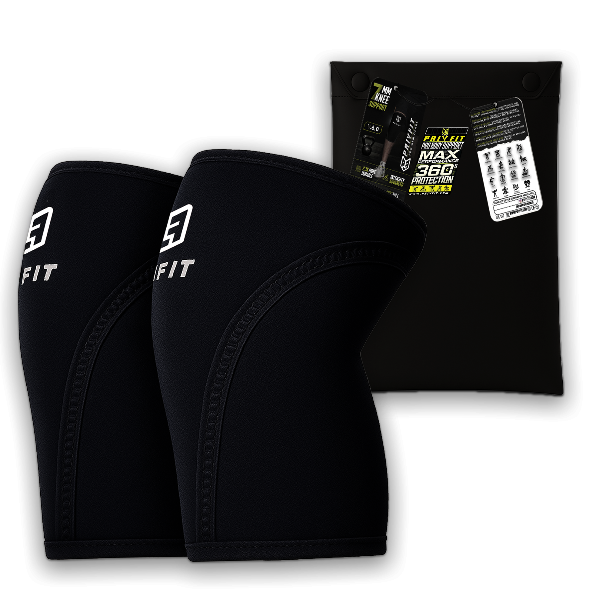 PRIVFIT 7mm Thick Heavy-Duty Professional Knee Workout Compression Support for Weightlifting, Powerlifting & Crossfit - 1 Pair Black